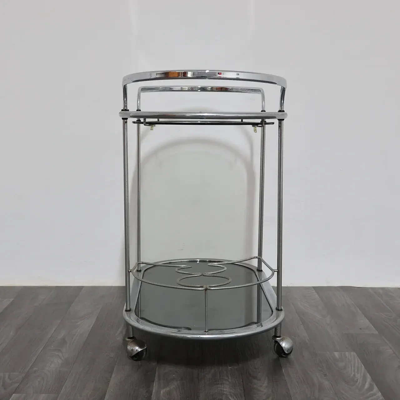 Steel food cart with two smoked crystal shelves, 1970s 11