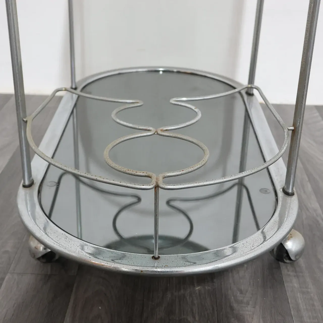 Steel food cart with two smoked crystal shelves, 1970s 12