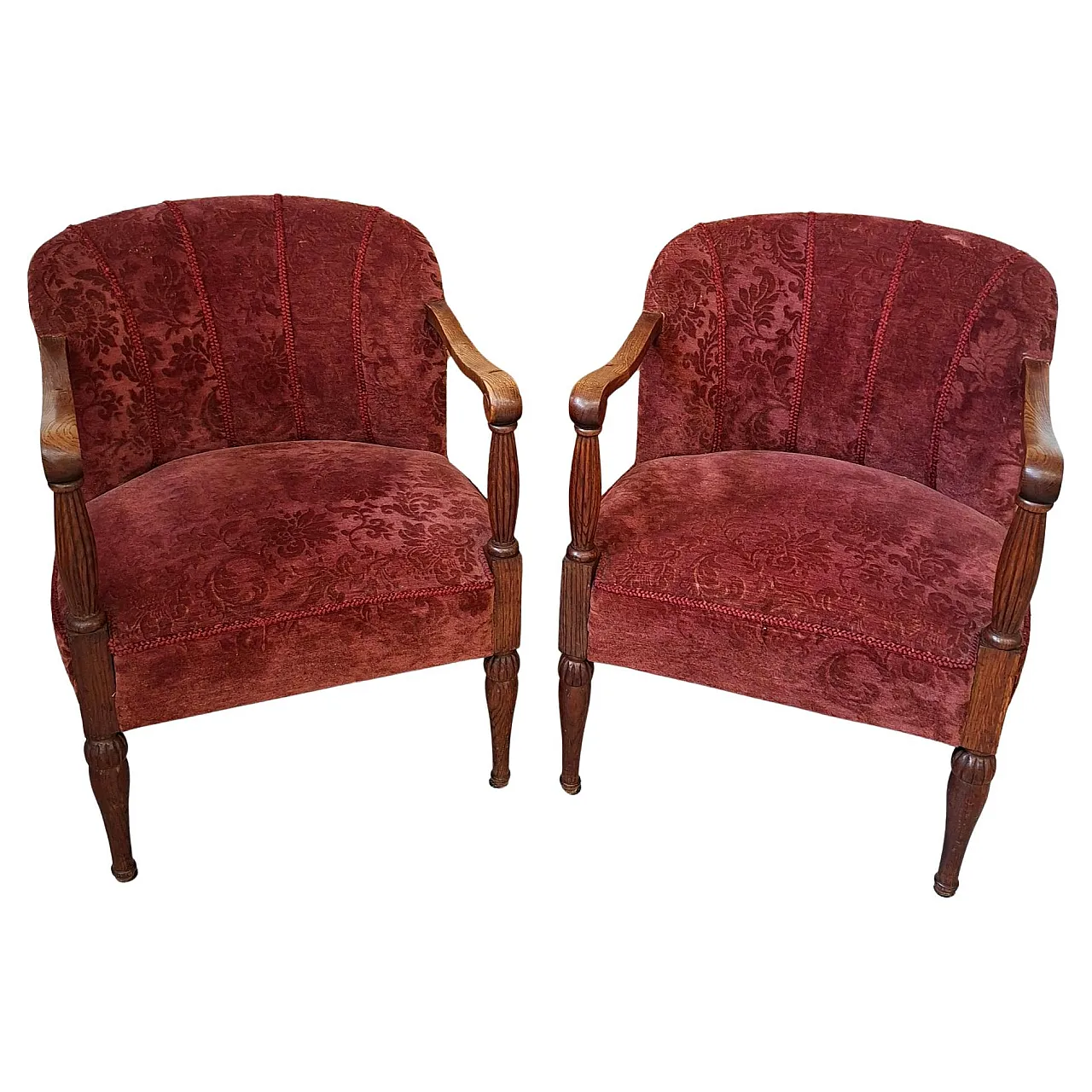 Pair of oak and damask velvet armchairs, 1960s 1