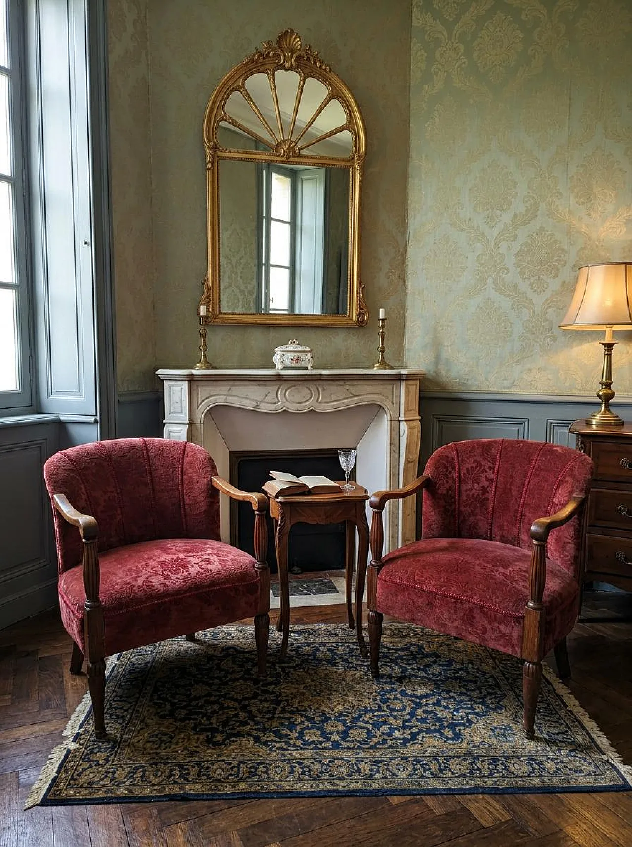 Pair of oak and damask velvet armchairs, 1960s 2