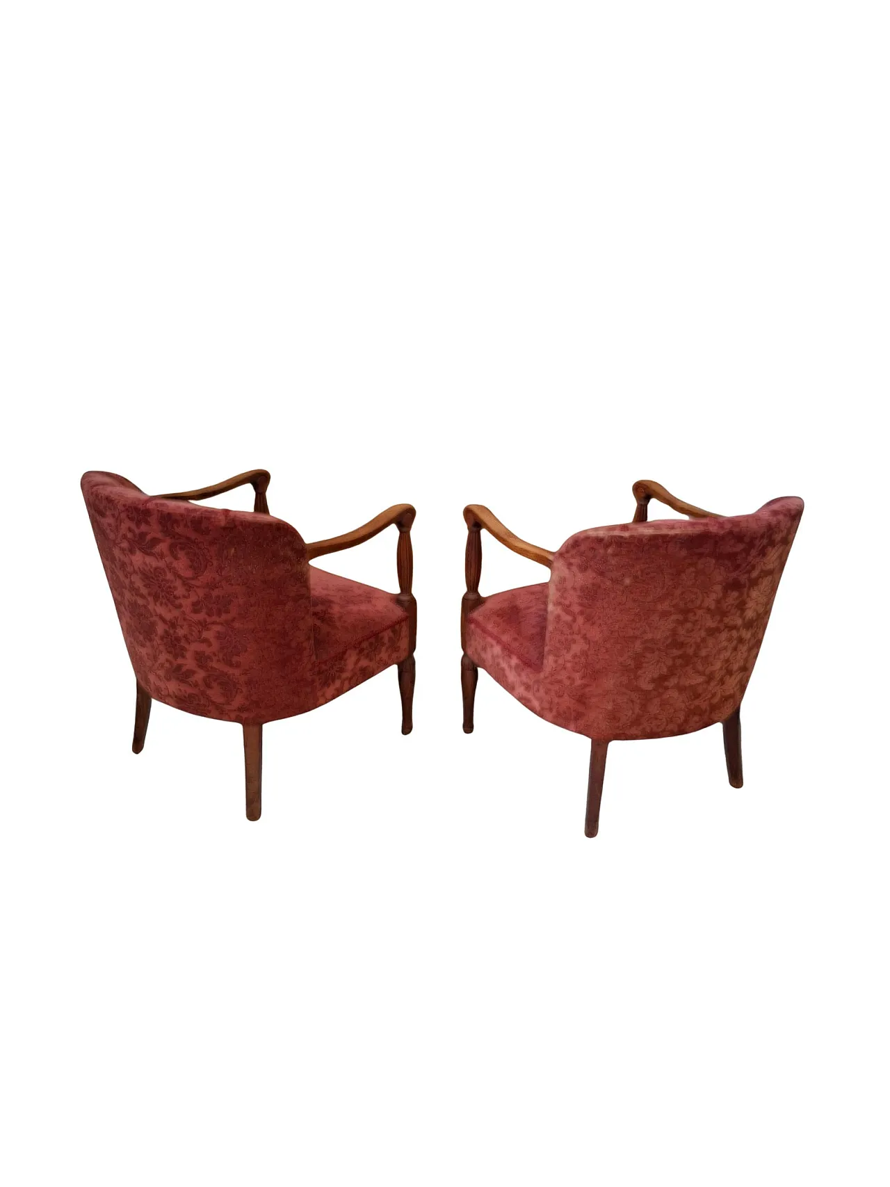 Pair of oak and damask velvet armchairs, 1960s 4