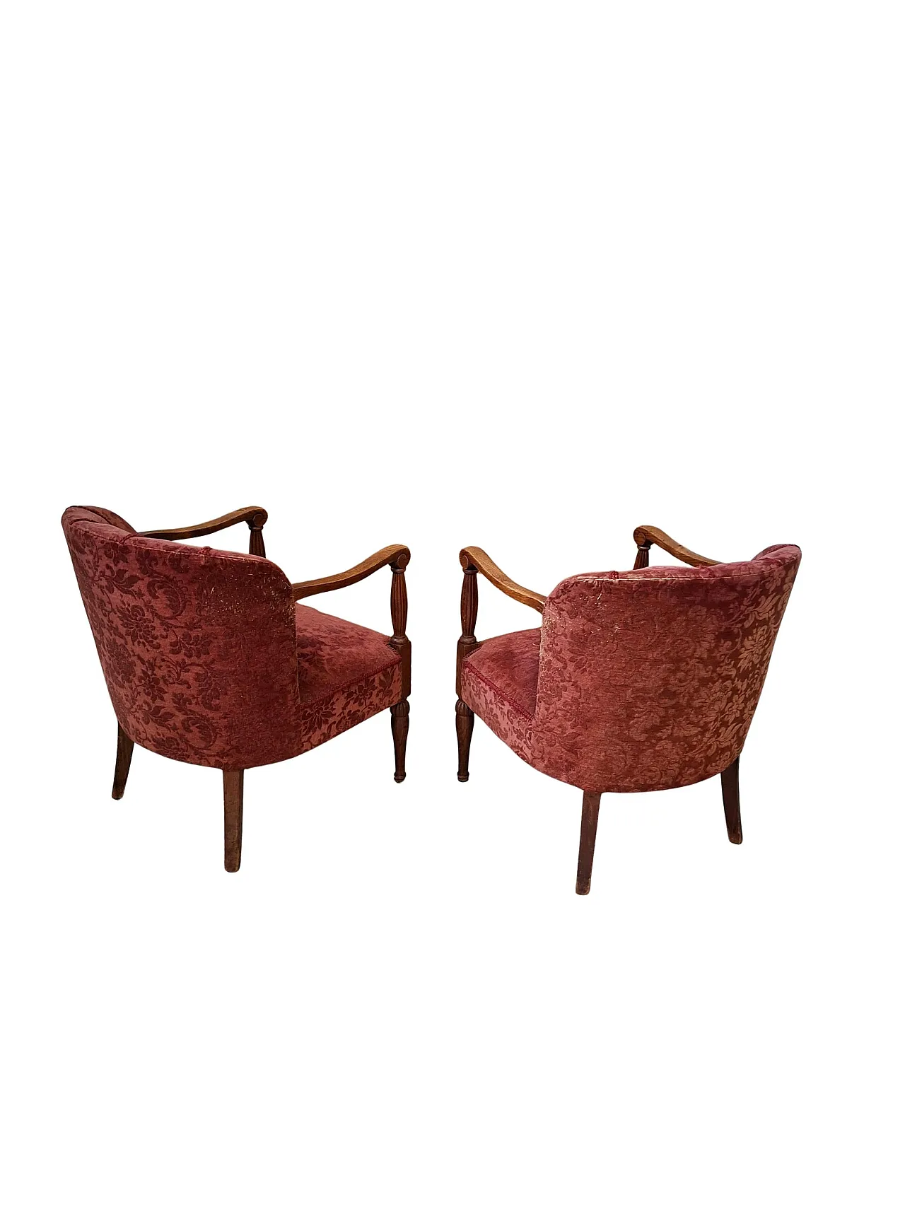 Pair of oak and damask velvet armchairs, 1960s 7