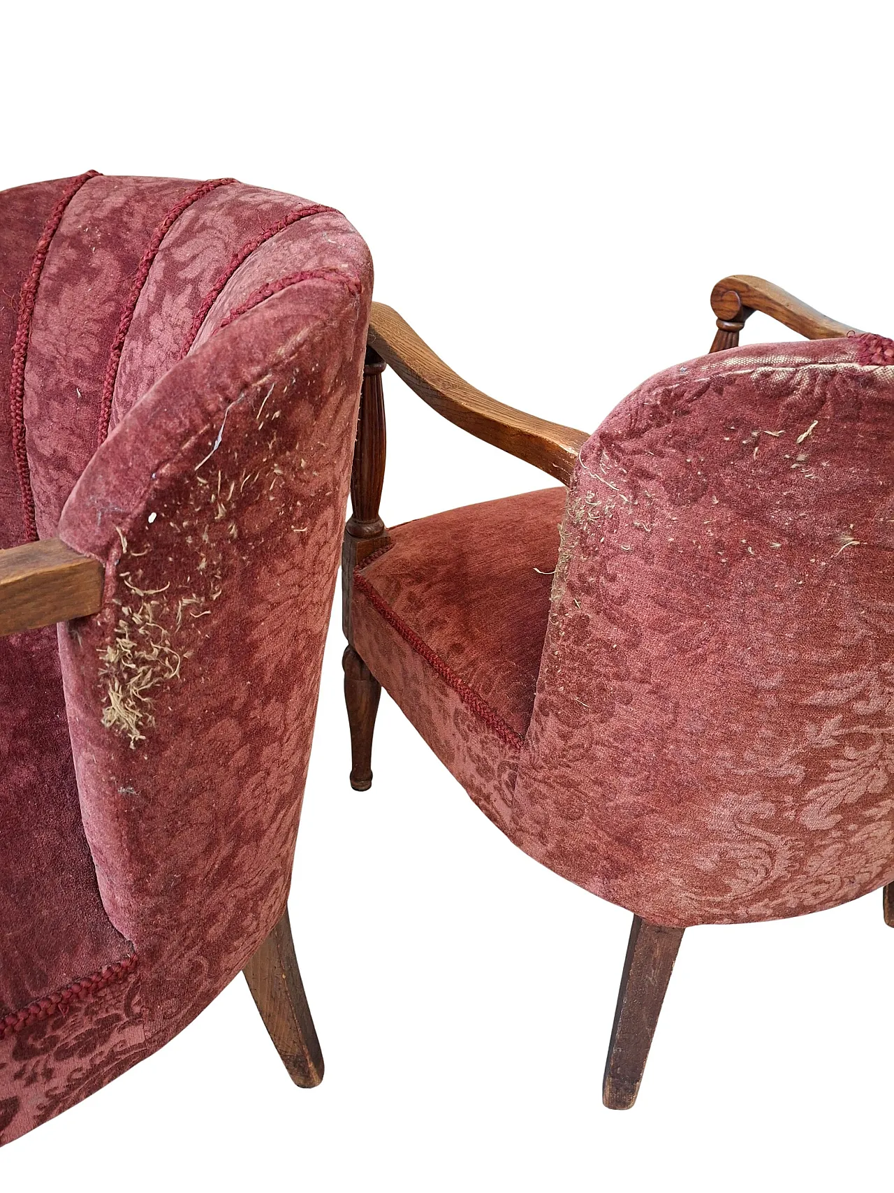 Pair of oak and damask velvet armchairs, 1960s 9