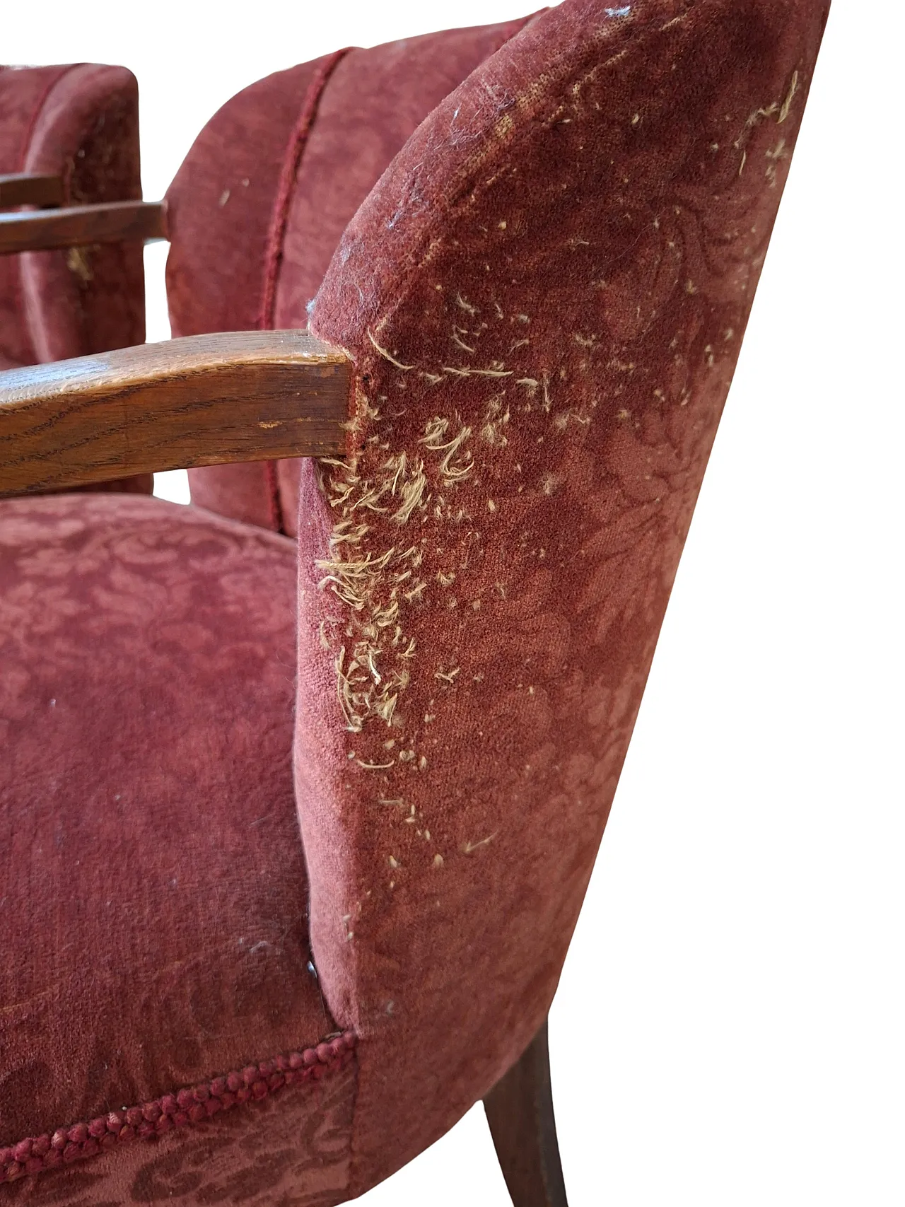 Pair of oak and damask velvet armchairs, 1960s 10