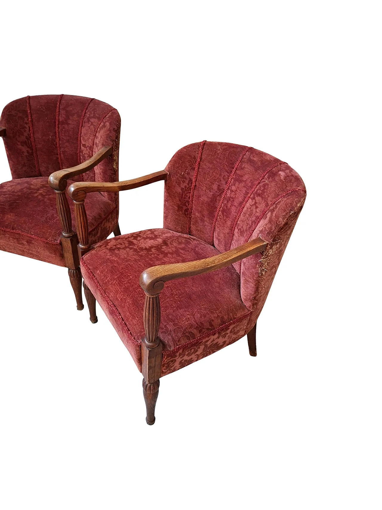 Pair of oak and damask velvet armchairs, 1960s 11