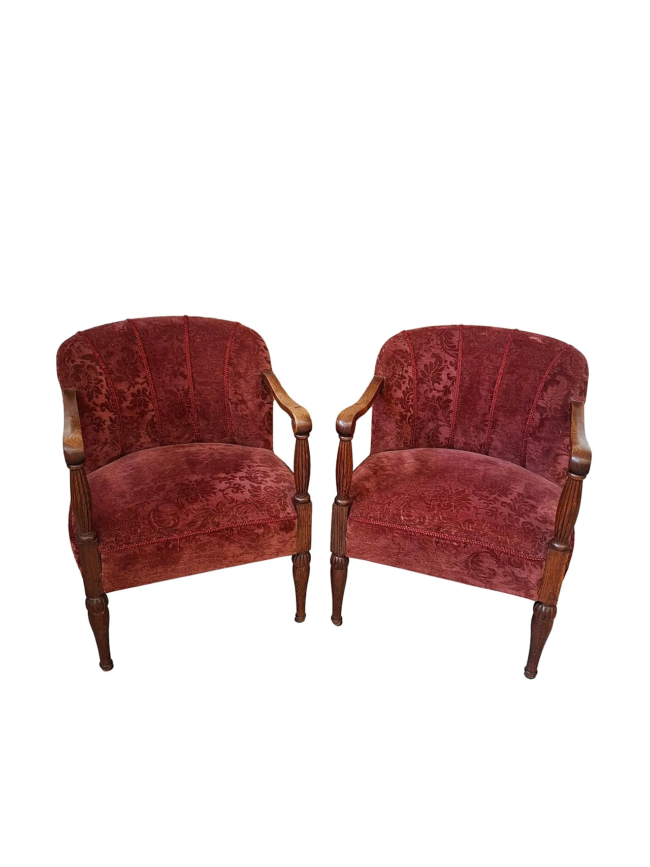 Pair of oak and damask velvet armchairs, 1960s 13