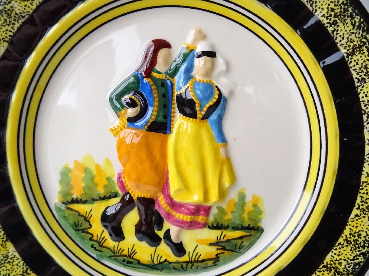 Breton Dancers Barbotine Plate, 60s 1