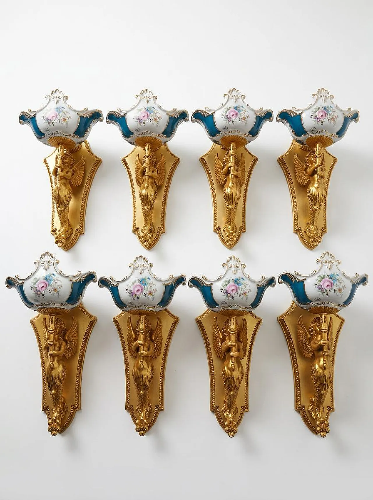8 Wall lamps in golded brass and porcelain, 1990s 5