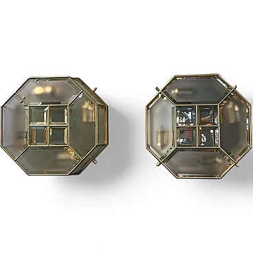 Mid-Century Modern brass and satin glass ceiling lights pair, 1970s