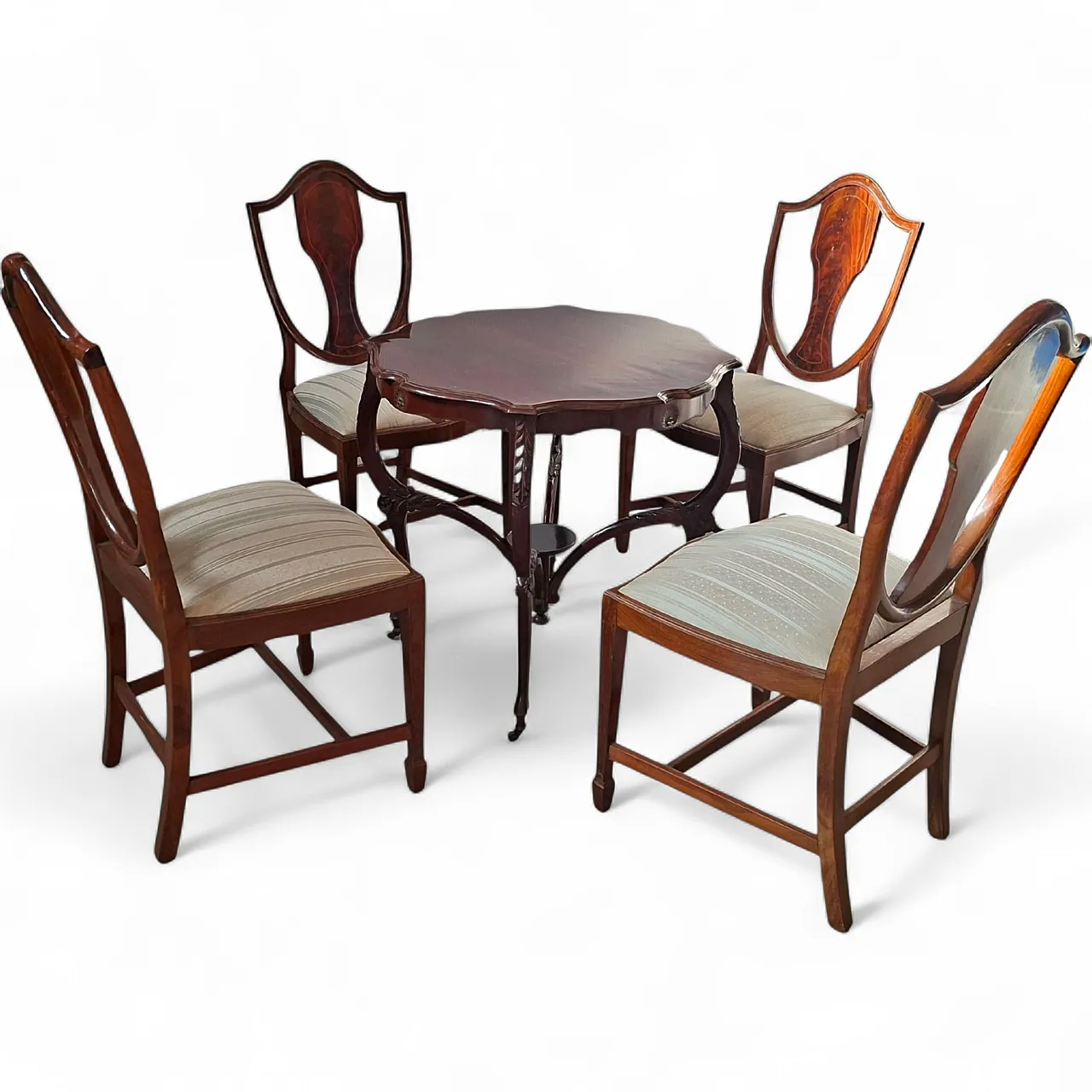 Table with 4 chairs in carved and inlaid cherry, 19th century 19