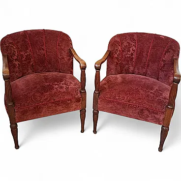 Pair of oak and damask velvet armchairs, 1960s