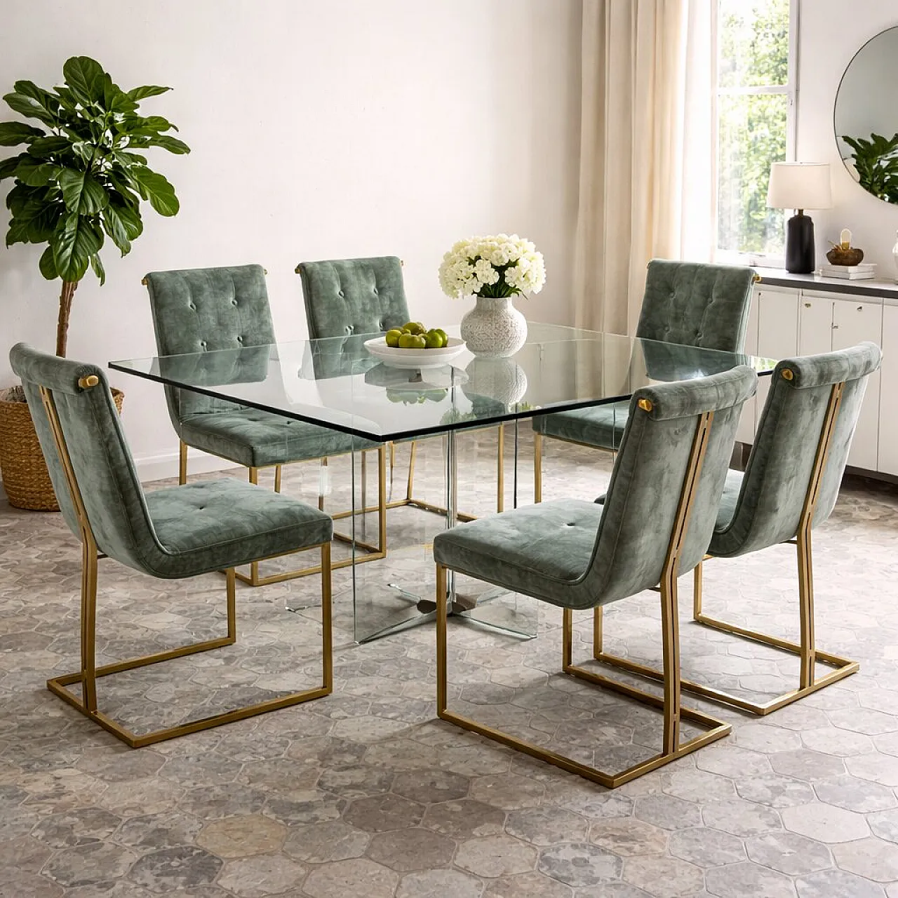 6 Sedie in metallo ottonato e rivestimento in tessuto, '900 2