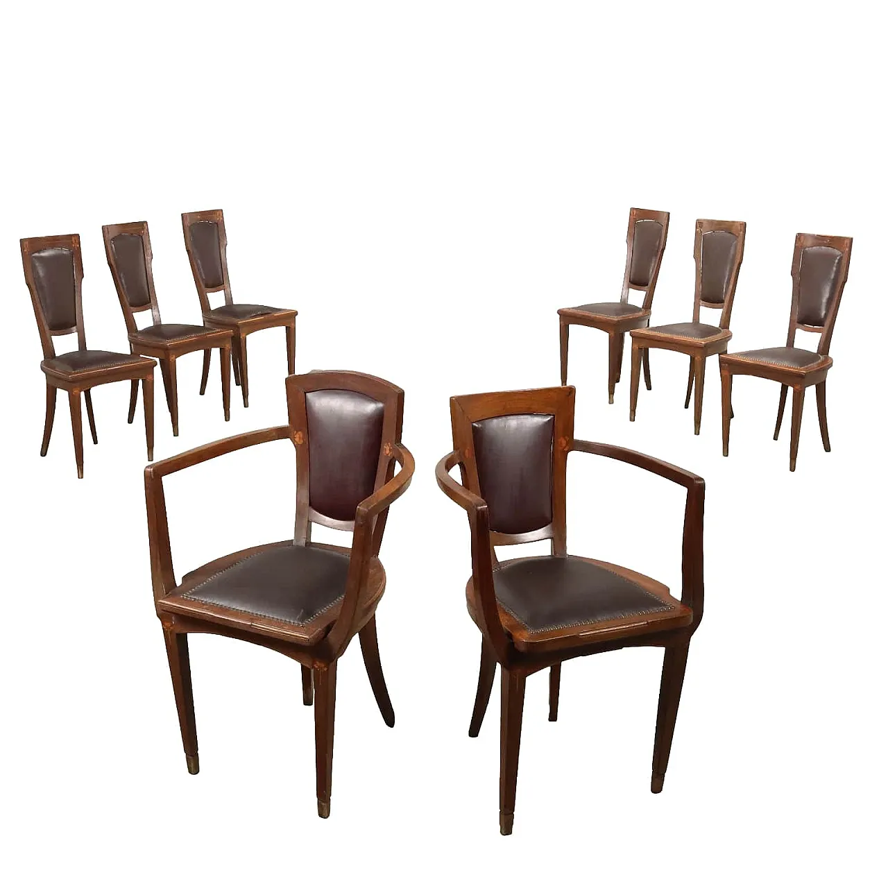 6 sedie e 2 poltroncine in stile Liberty in mogano, '900 1