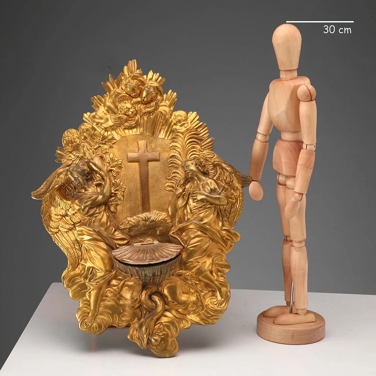 Gilded bronze holy water stoup, chiseled and engraved, 20th century 2