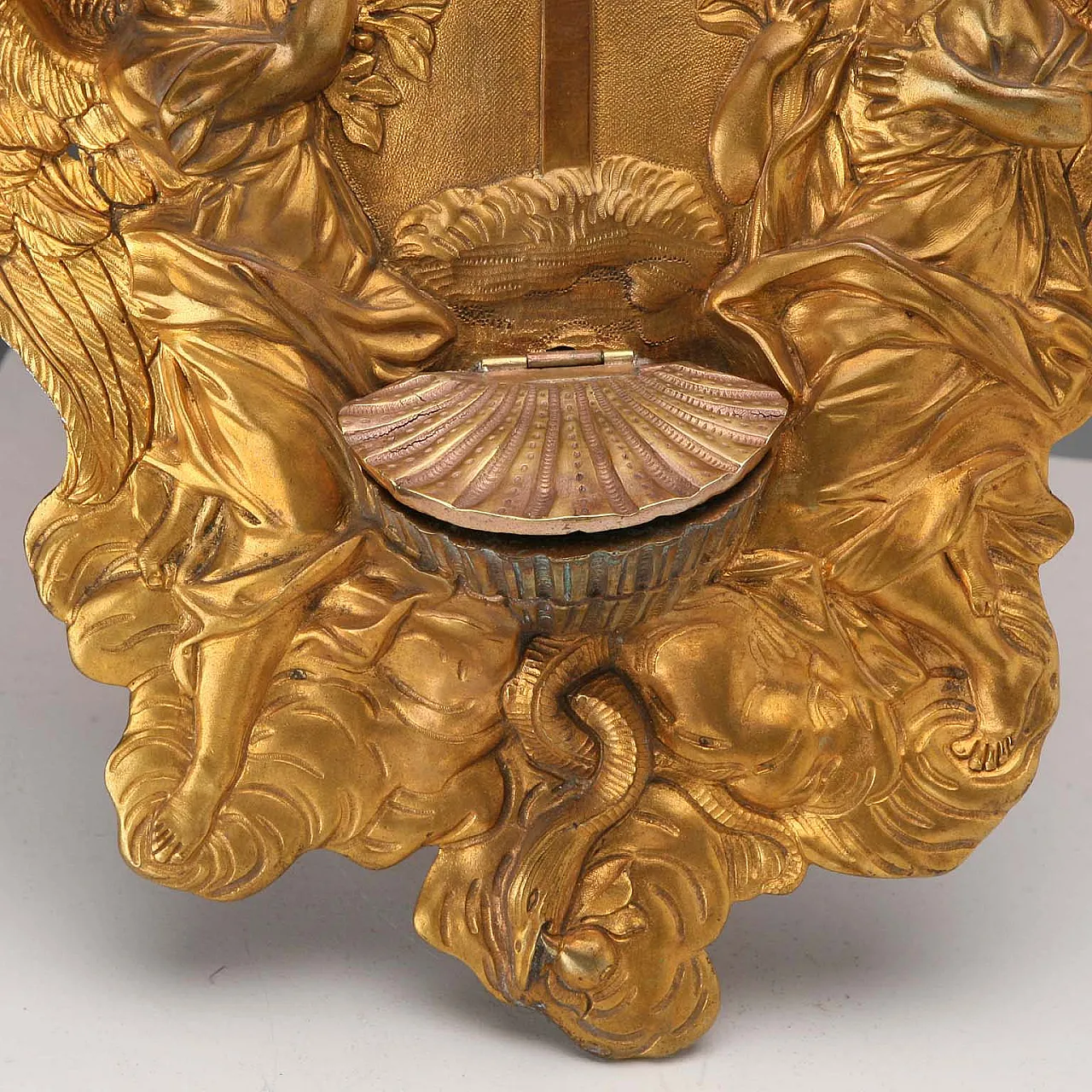 Gilded bronze holy water stoup, chiseled and engraved, 20th century 4