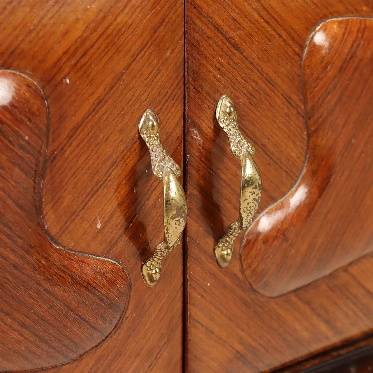 Coppia di comodini in legno esotico, ottone vetro, '900 6