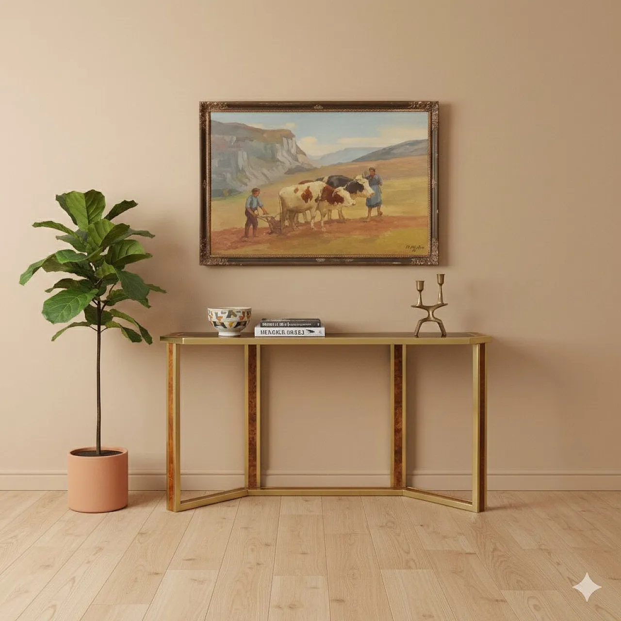 Consolle da parete in ottone, radica e vetro fumé, '900 2