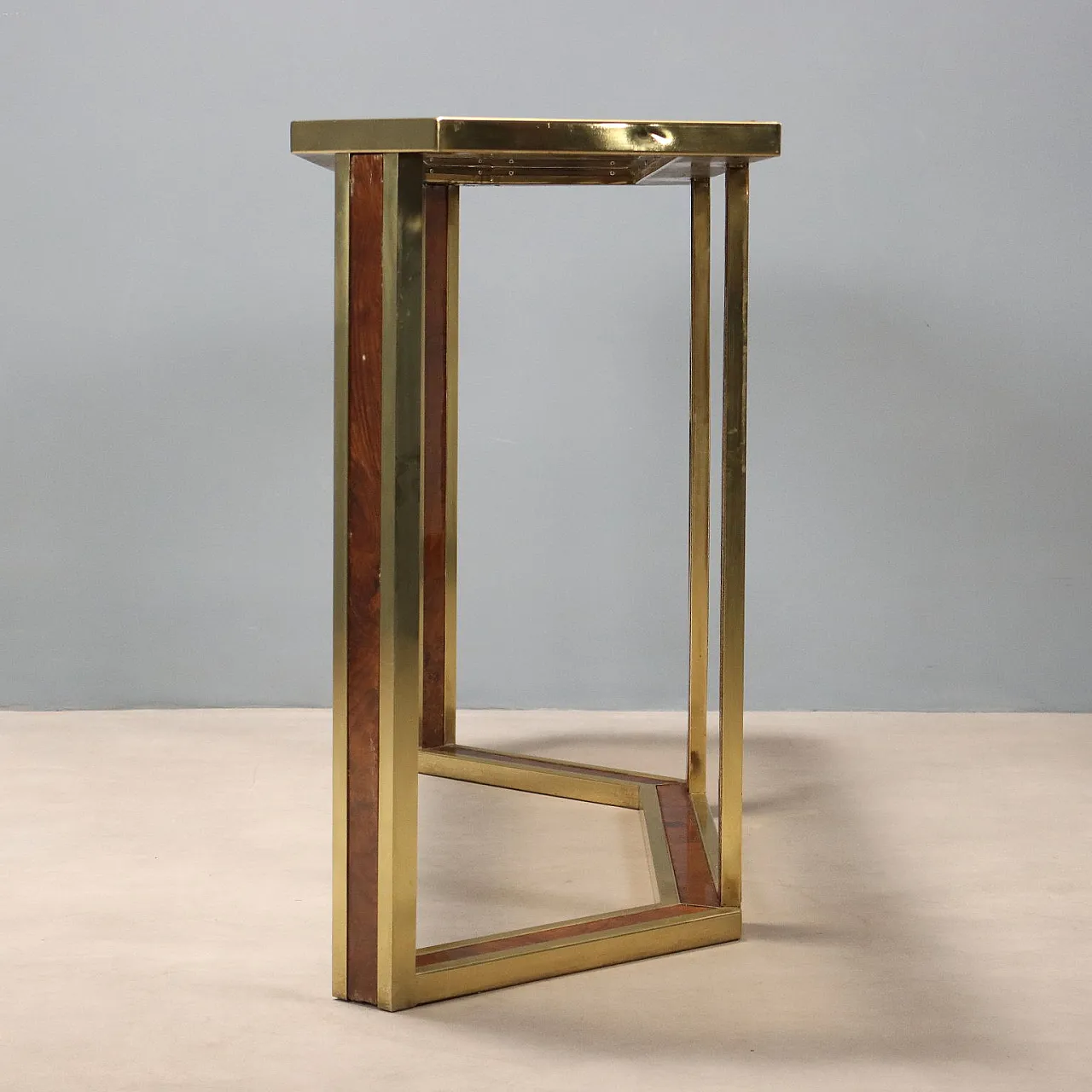 Consolle da parete in ottone, radica e vetro fumé, '900 4