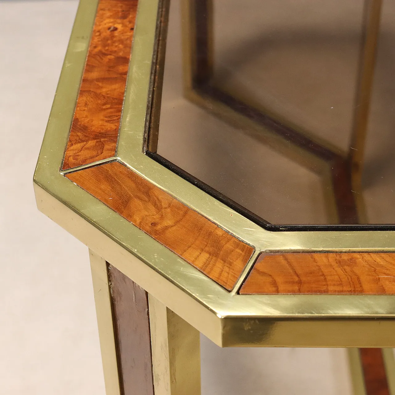 Consolle da parete in ottone, radica e vetro fumé, '900 6