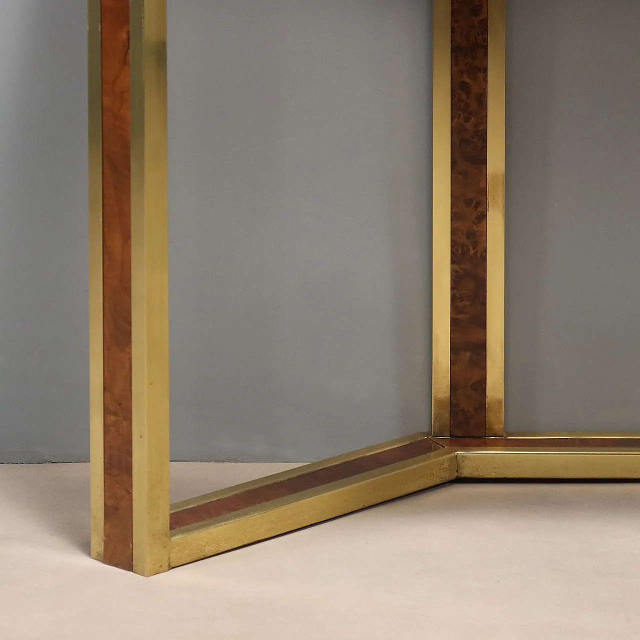 Consolle da parete in ottone, radica e vetro fumé, '900 7