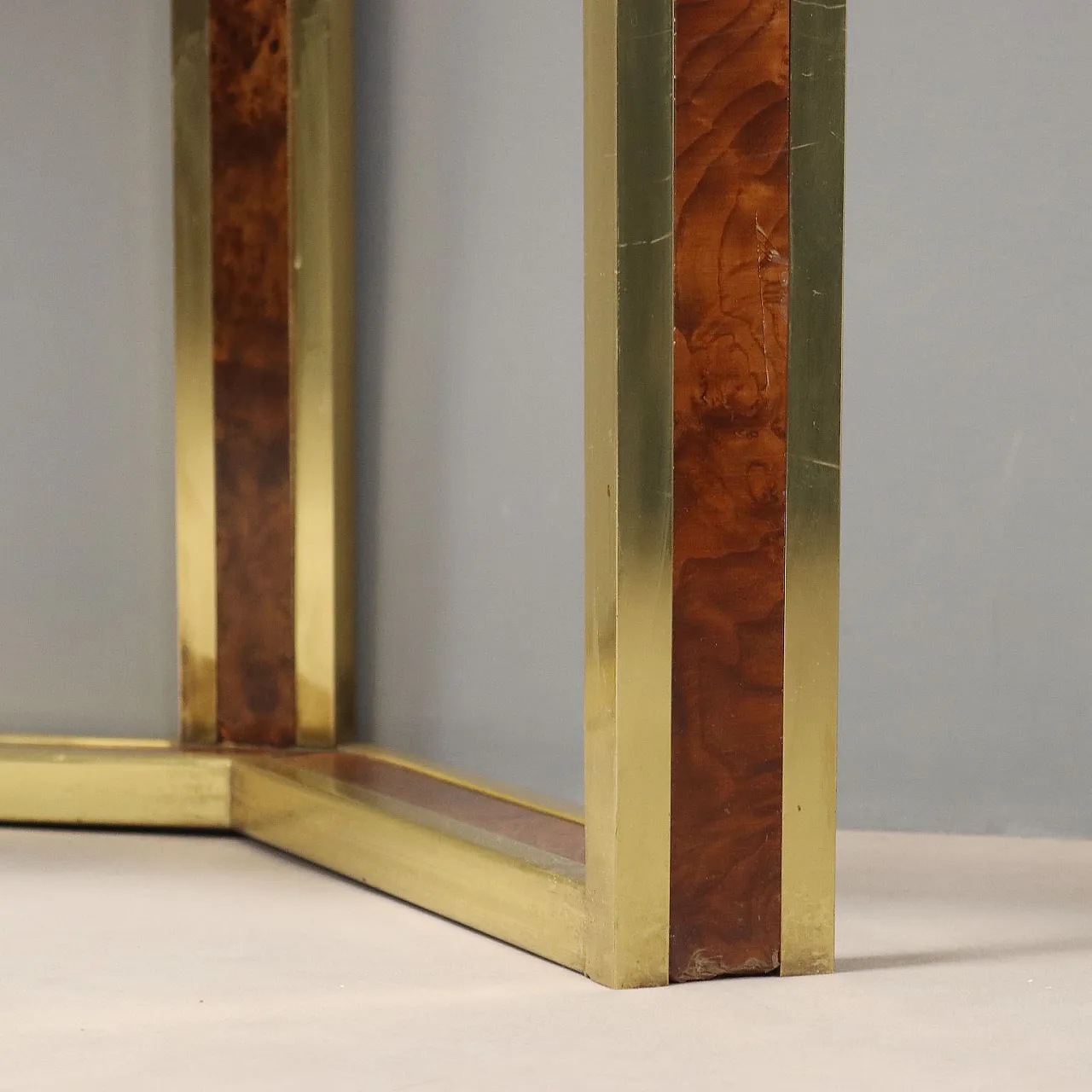 Consolle da parete in ottone, radica e vetro fumé, '900 8