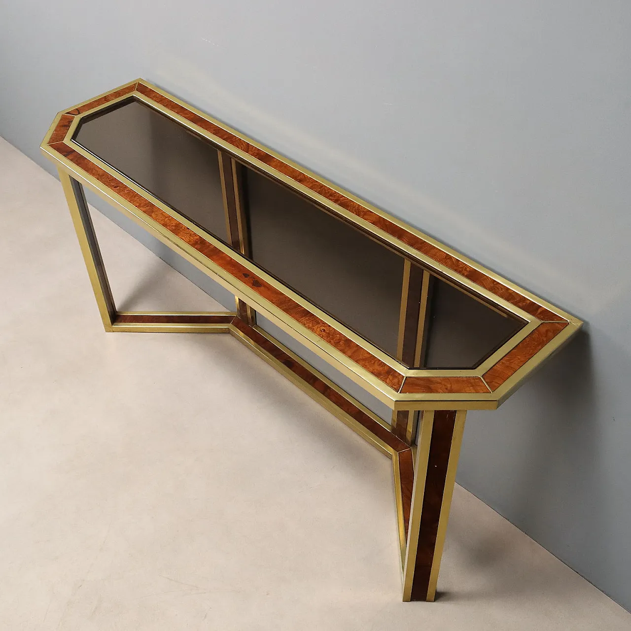 Consolle da parete in ottone, radica e vetro fumé, '900 9