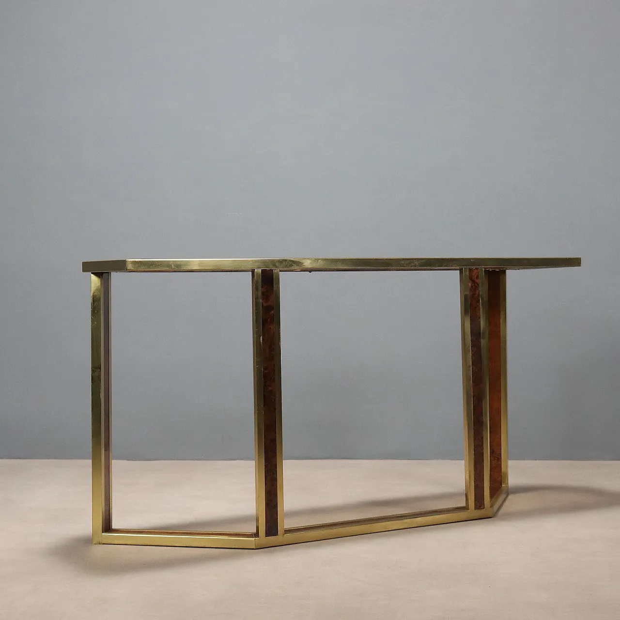 Consolle da parete in ottone, radica e vetro fumé, '900 10