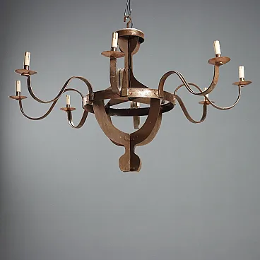 Wrought iron, copper, and sheet metal chandelier, early 20th century