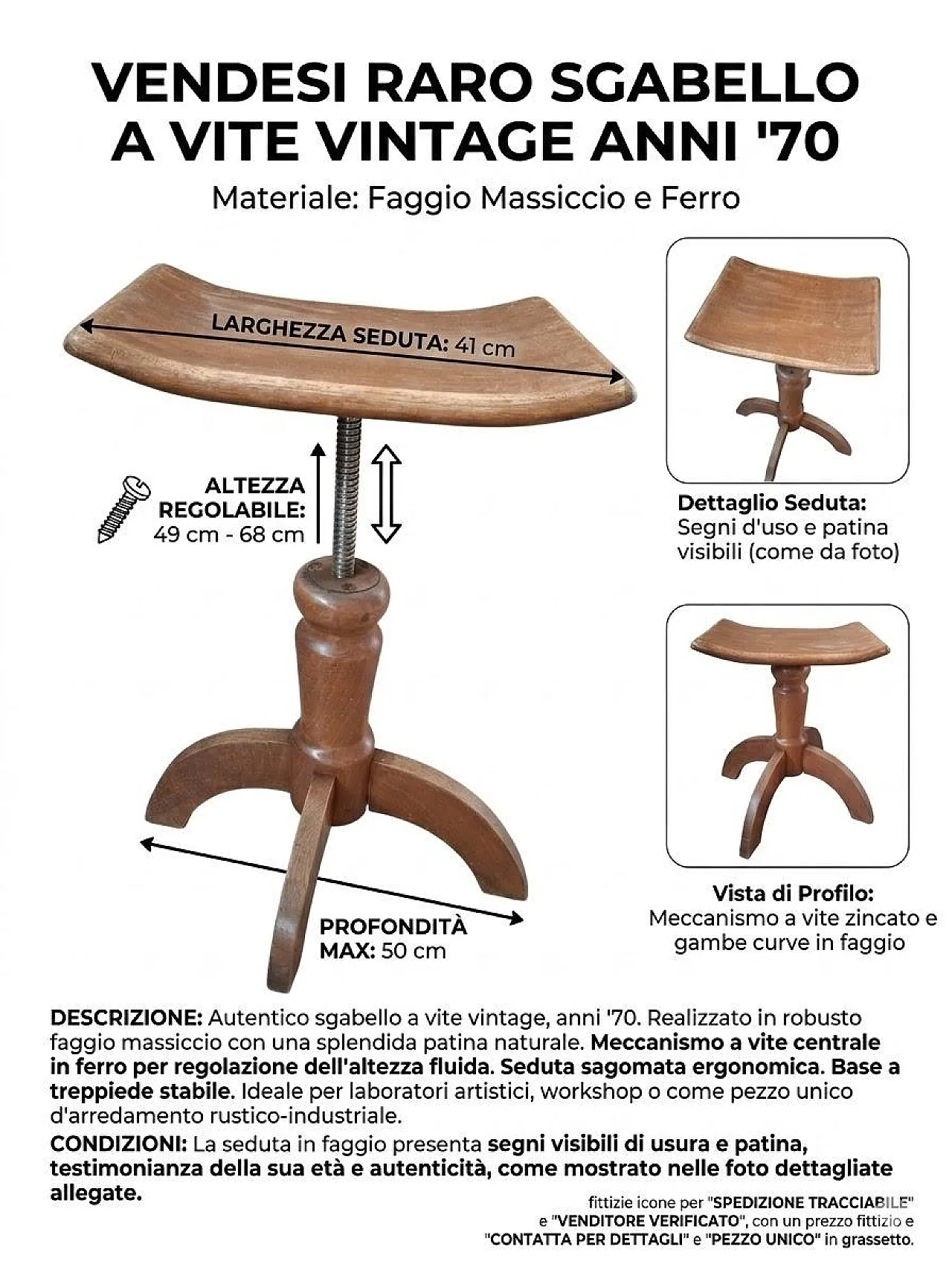 Solid beech screw stool, 1960s 12