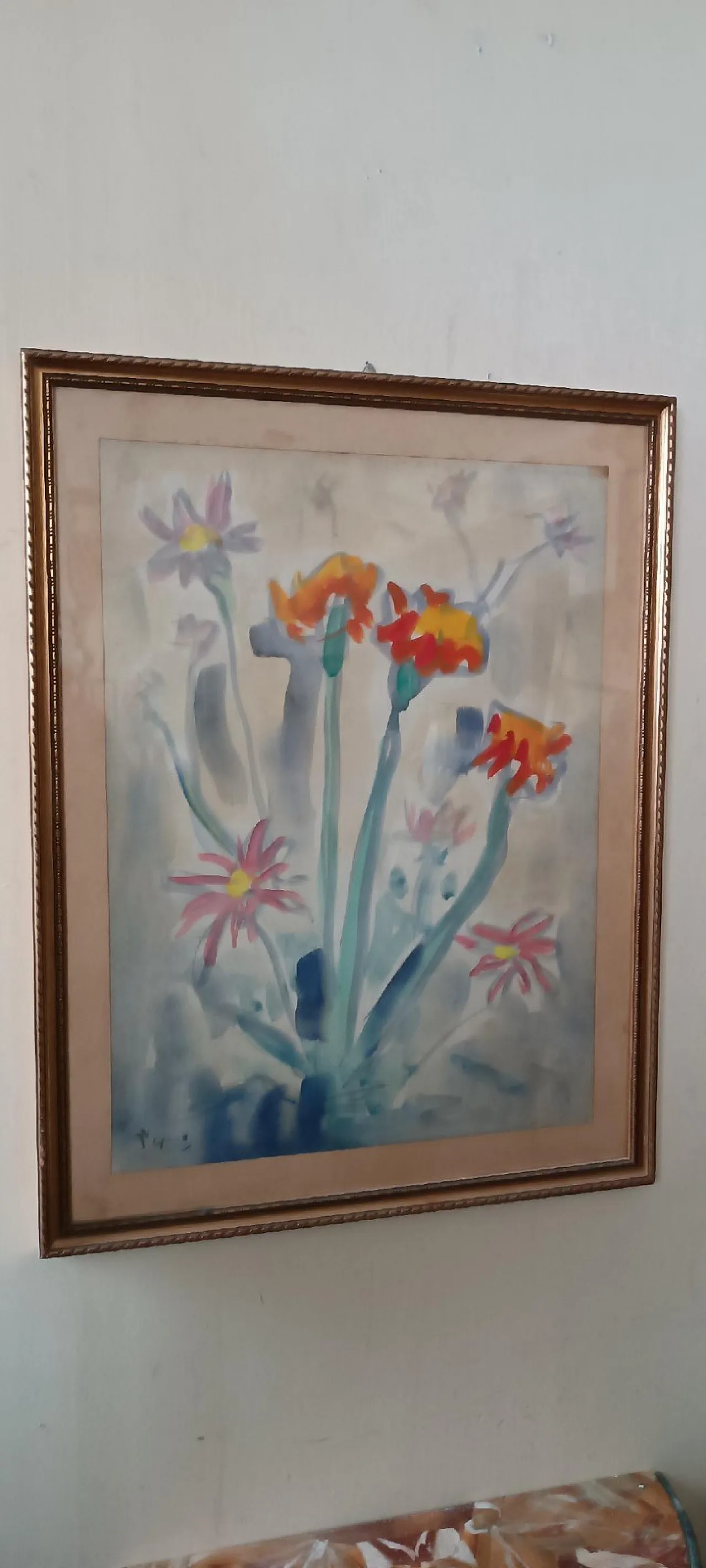 Vaso di fiori di Enzo Pregno, tecnica mista su tela, anni '50 1