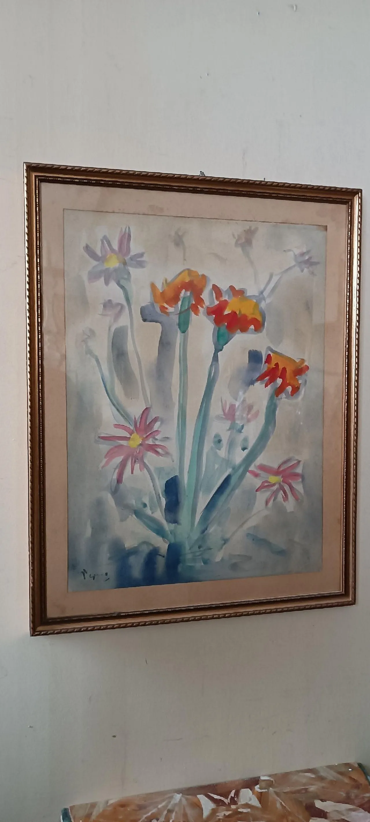 Vaso di fiori di Enzo Pregno, tecnica mista su tela, anni '50 2