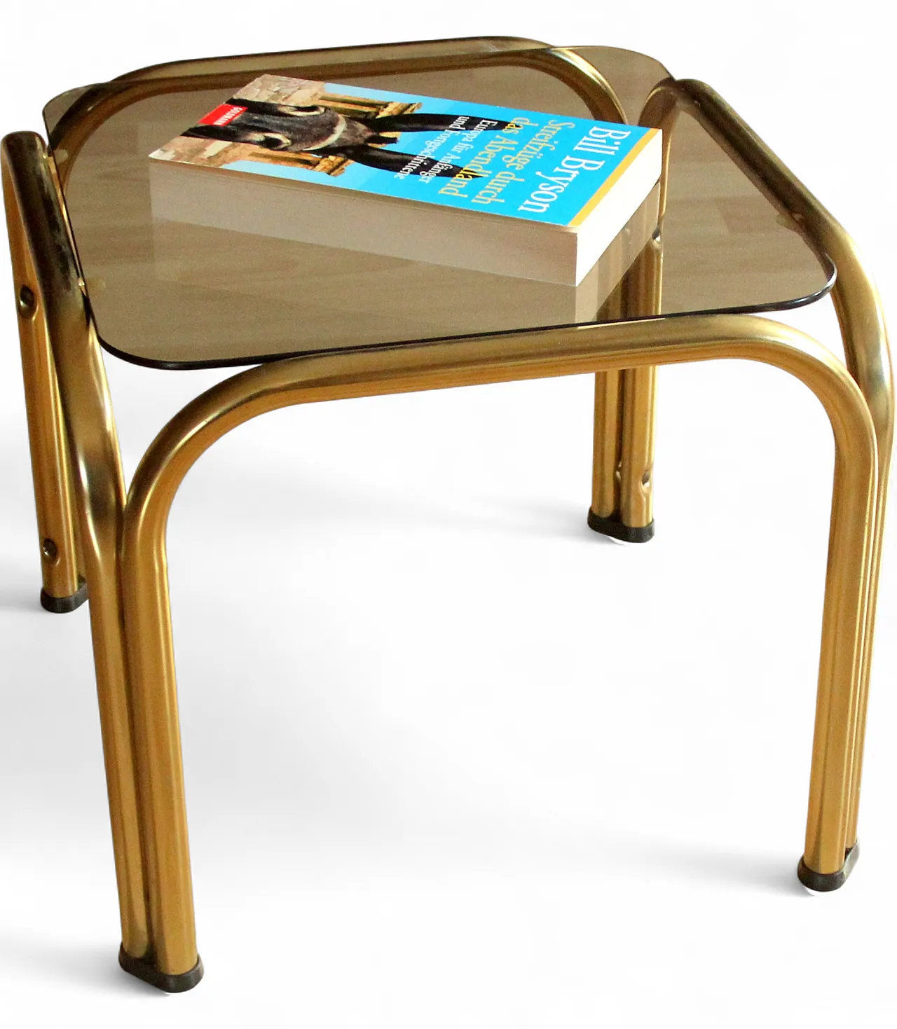 Brass side table plant stand with a smoked glass plate, 70s 13