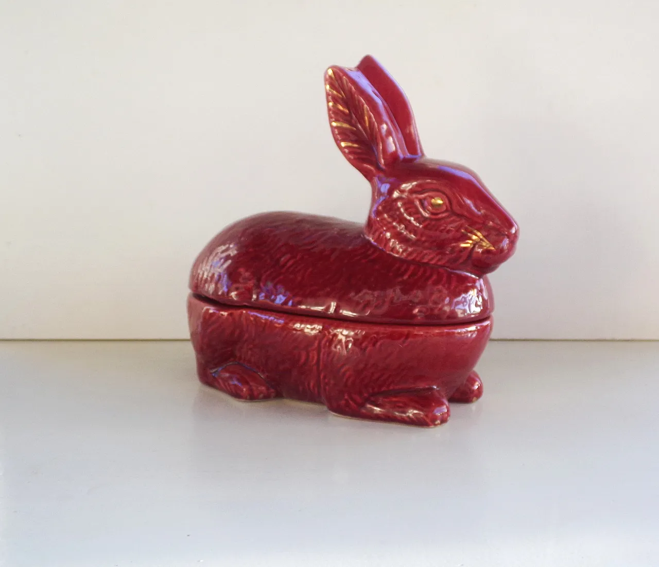 Rabbit Pate Dish Faience Terrine in Red with Gilded accents. 70s 1