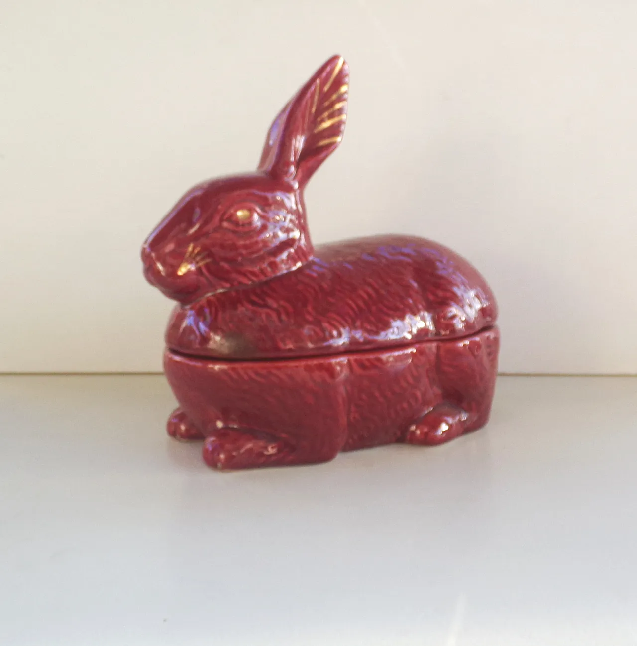 Rabbit Pate Dish Faience Terrine in Red with Gilded accents. 70s 2