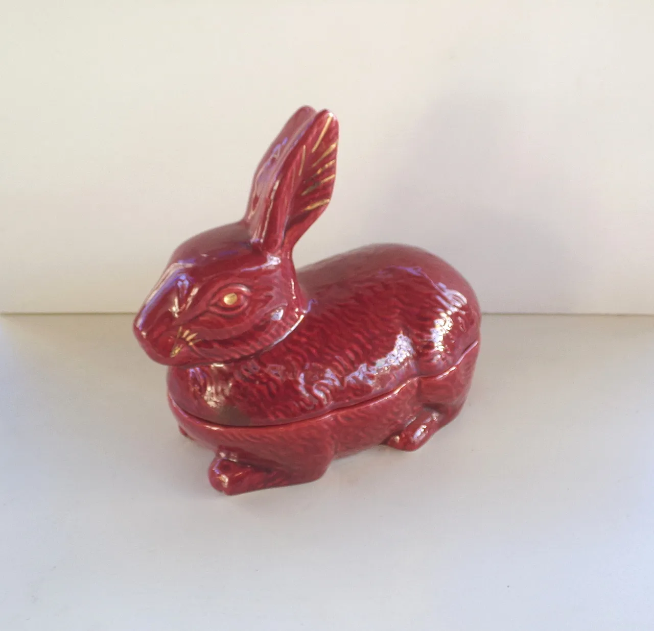 Rabbit Pate Dish Faience Terrine in Red with Gilded accents. 70s 3