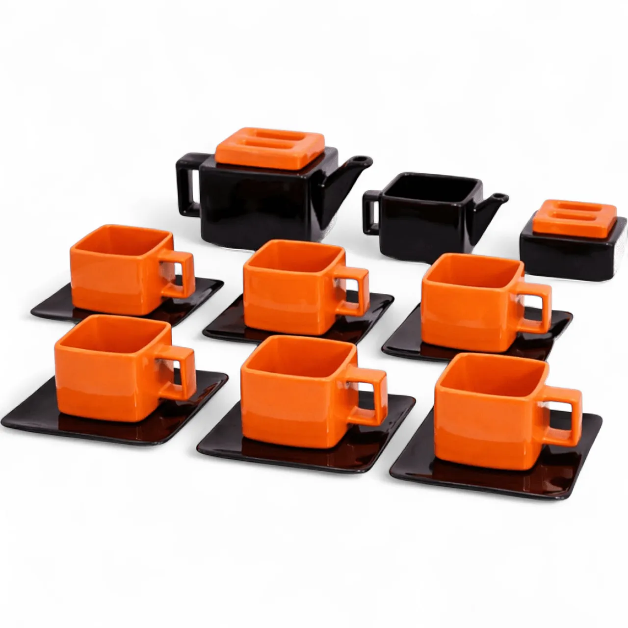 Tea set in red and black glazed ceramic, Sottsass style, 1970s 9