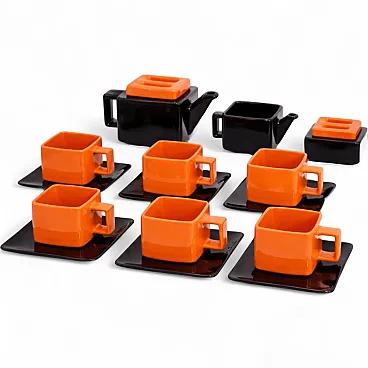 Tea set in red and black glazed ceramic, Sottsass style, 1970s