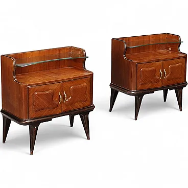 Coppia di comodini in legno esotico, ottone vetro, '900