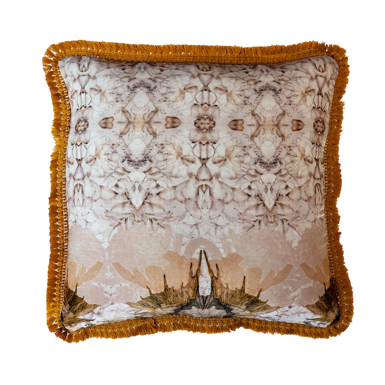 Cuscino decorativo con motivo ornato e frange 1