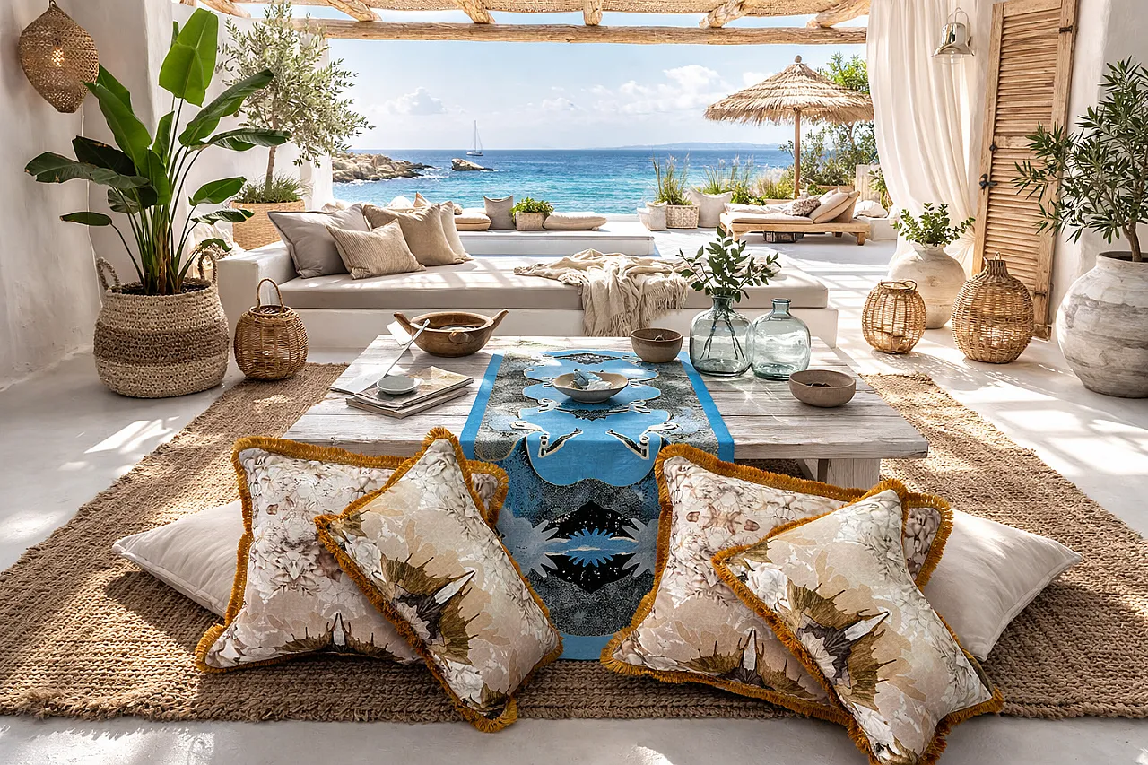 Cuscino decorativo con motivo ornato e frange 3