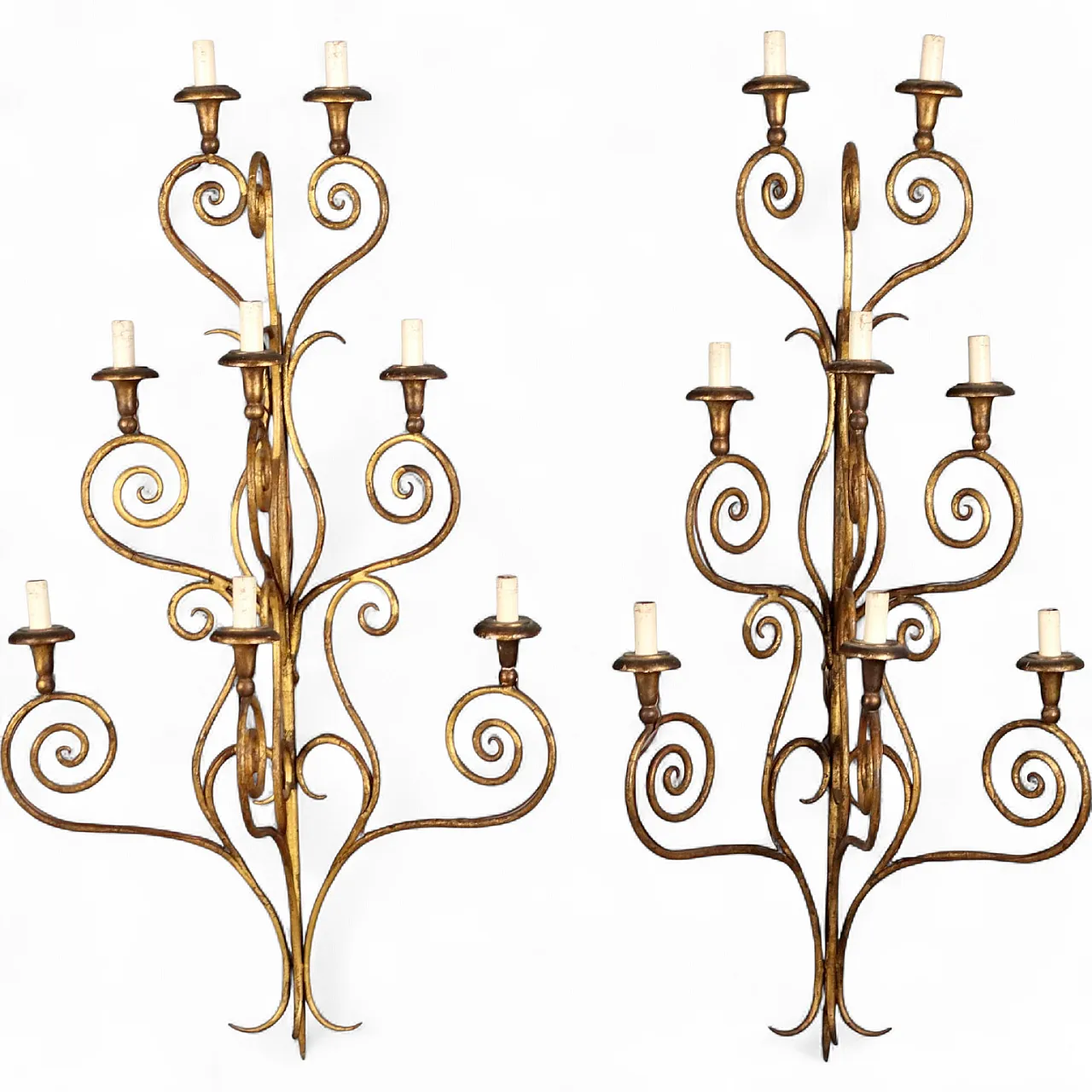 Coppia di applique da parete in ferro e legno dorati, '900 7