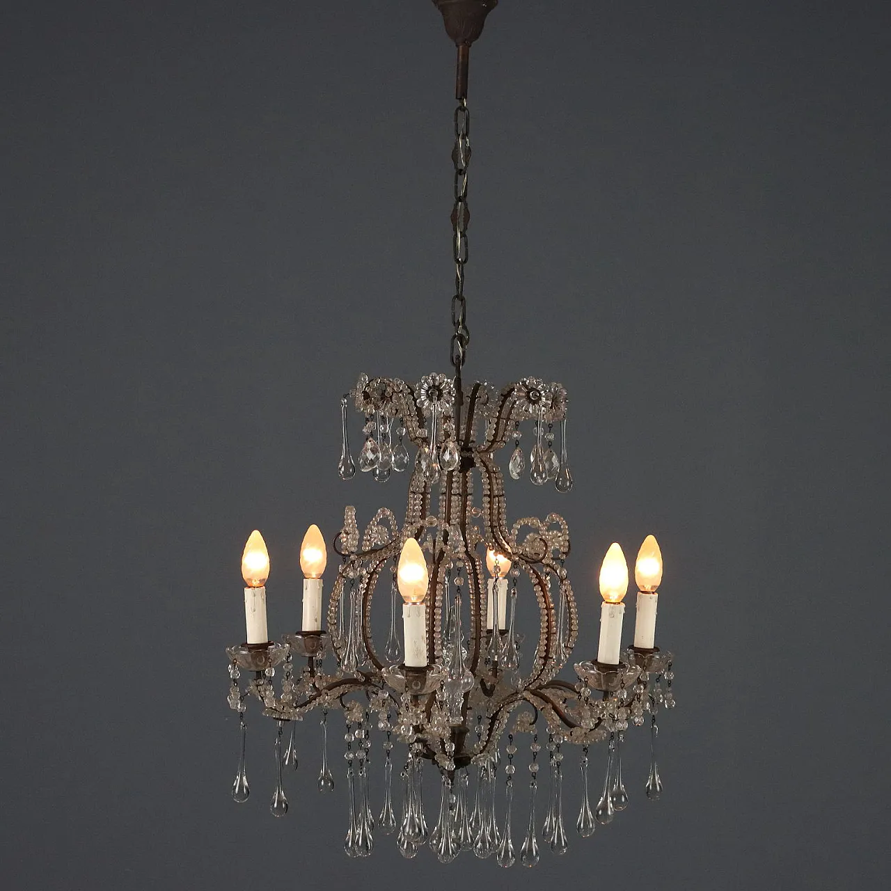 Lampadario in metallo brunito e vetro, fine '800 1