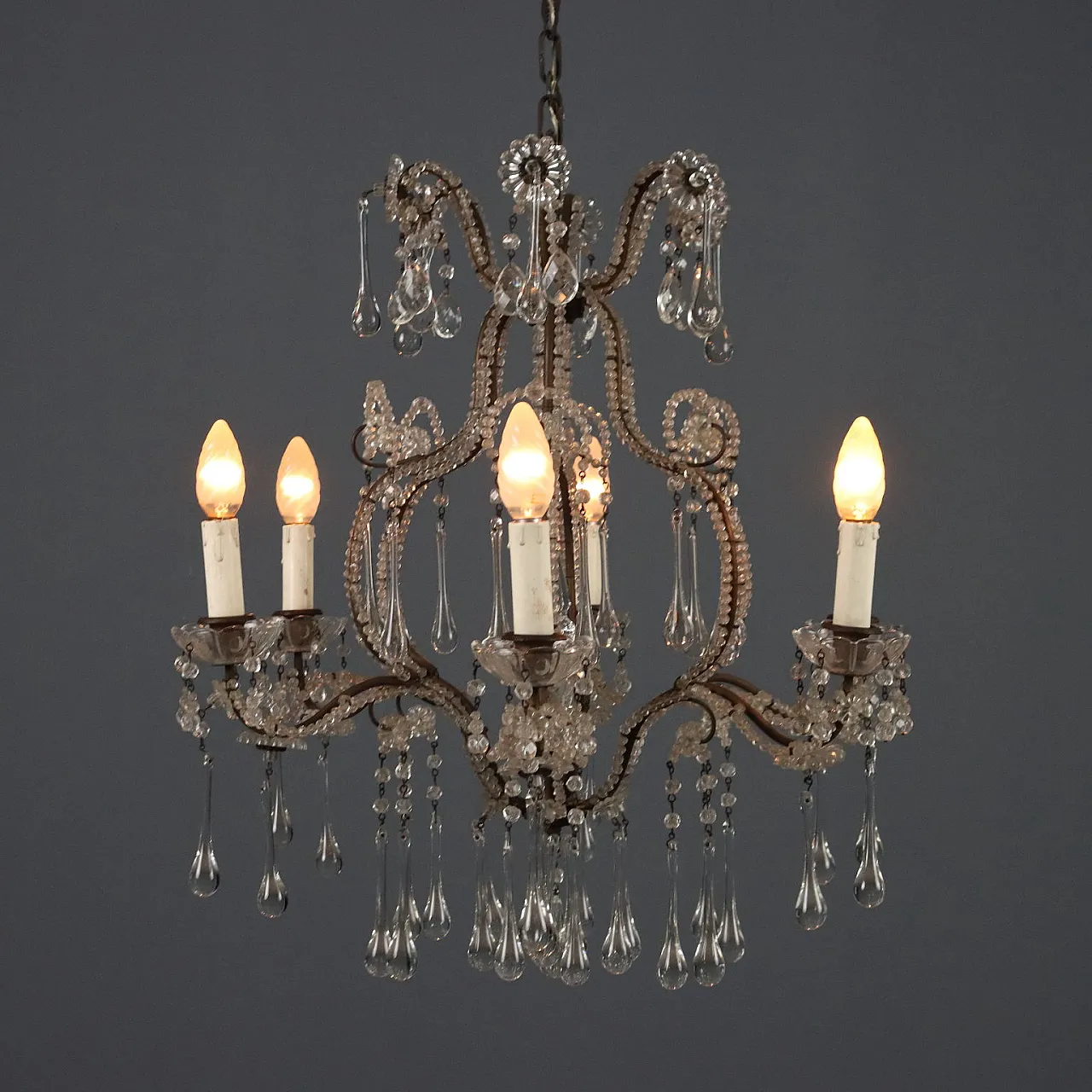 Lampadario in metallo brunito e vetro, fine '800 3