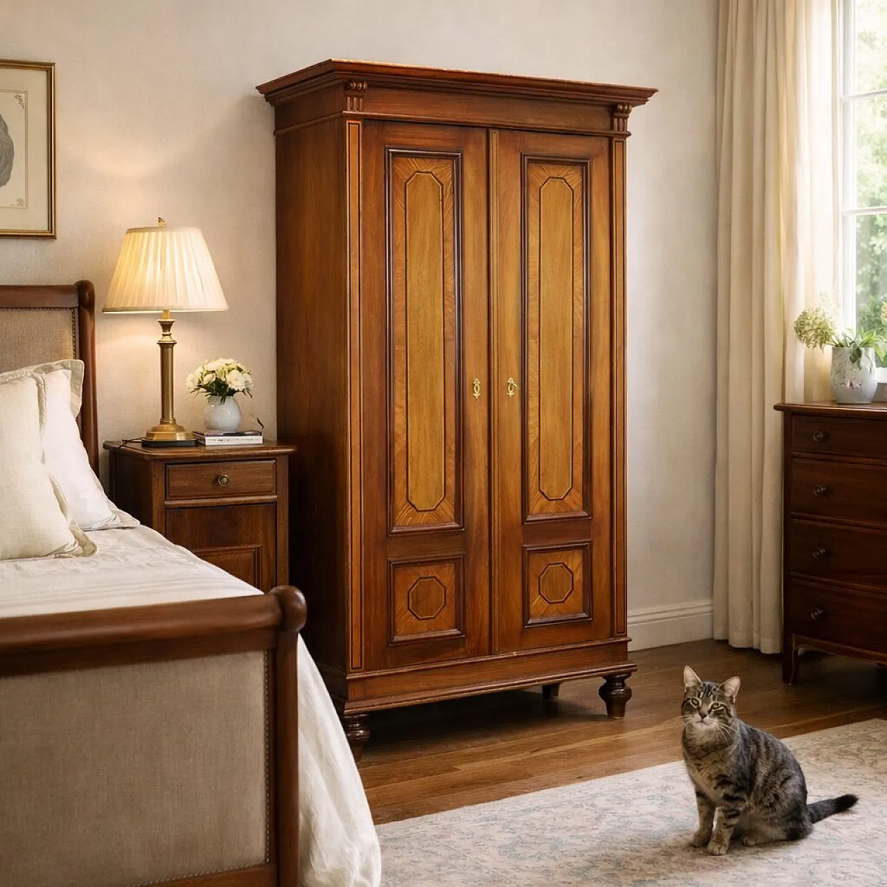 Armadio impiallacciato in mogano e altri legno, primo '900 2