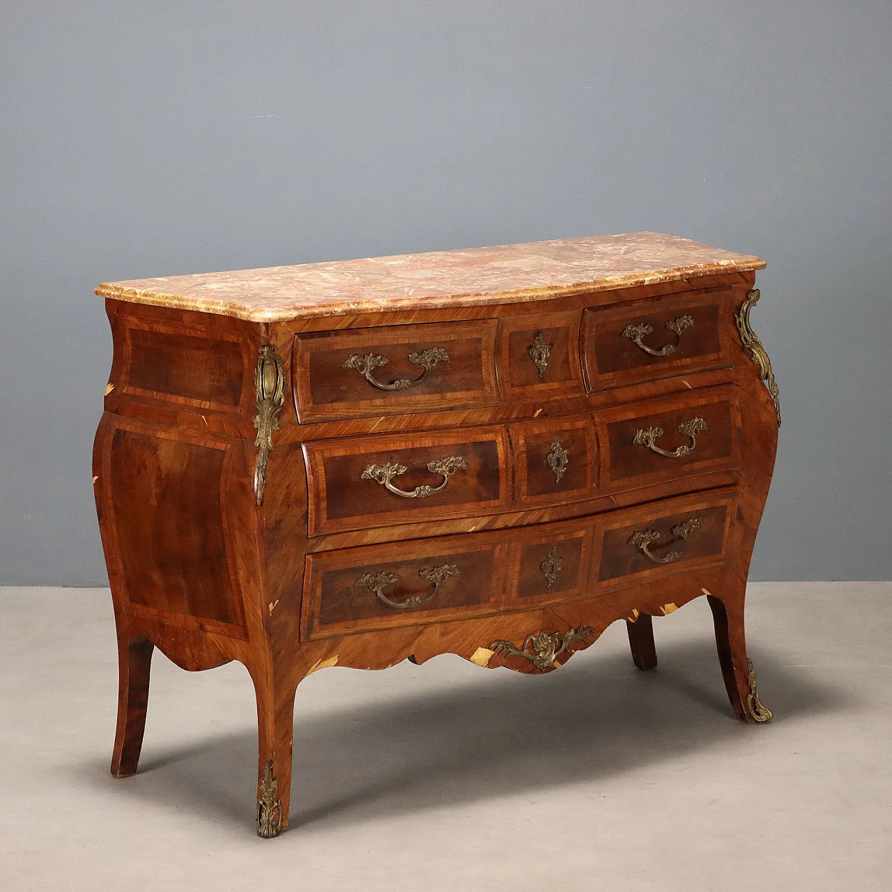 Comò in stile tardo barocco lastronato in noce, primo '900 1