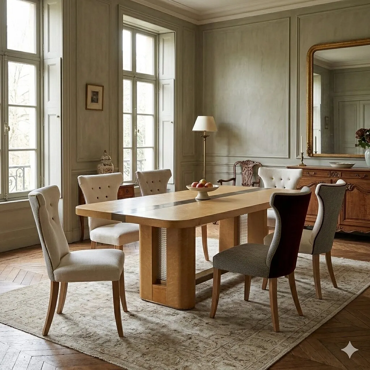 6 Sedie con seduta e schienale imbottiti e rivestiti in tessuto, '900 2