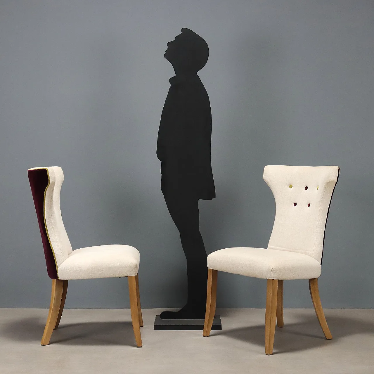 6 Sedie con seduta e schienale imbottiti e rivestiti in tessuto, '900 3