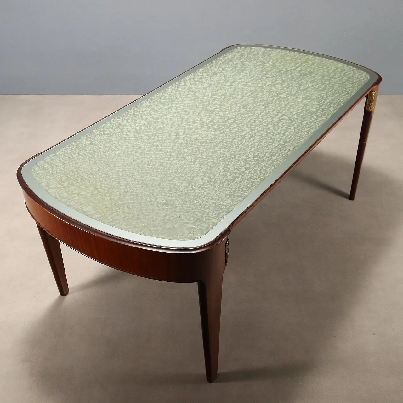 Tavolo da pranzo in legno, ottone e vetro, '900 8