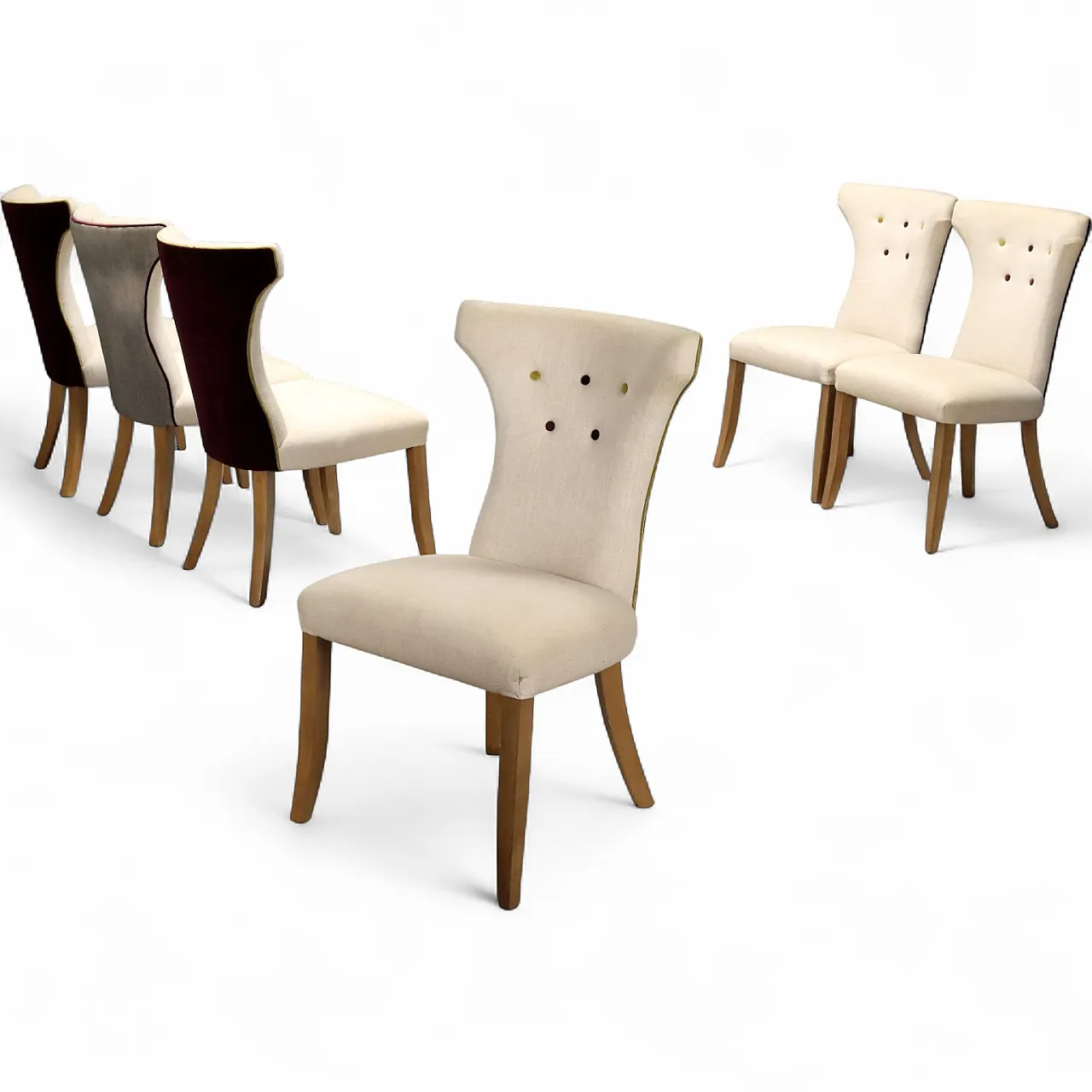 6 Sedie con seduta e schienale imbottiti e rivestiti in tessuto, '900 11