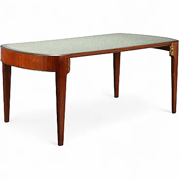 Tavolo da pranzo in legno, ottone e vetro, '900